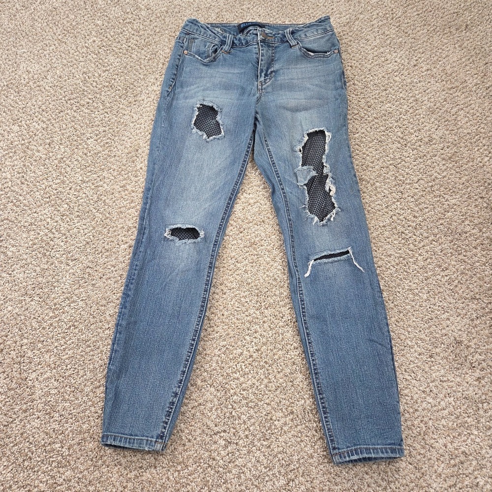 Blue Spice Womens 5 Blue Denim Distressed Fishnet Skinny Jeans Mid Rise Grunge